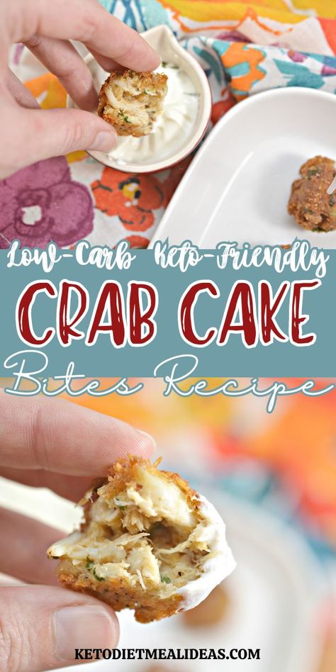 Low-carb, keto-friendly crab cake bites being dipped in sauce, featuring a crispy exterior and tender crab filling, perfect for a healthy snack or appetizer. Crab Meat Recipes Keto, Keto Crab Cakes, Keto Crab Recipes, Canned Crab Keto Recipes, Keto Imitatation Crab Recipe Easy, Carnivore Crab Cakes, Keto Crab Dip Low Carb, Low Carb Crab Cakes, Crab Cake Bites