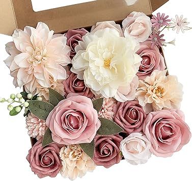 Amazon.com: FACINOC Roses Artificial Flowers Pink Bouquets Box Set for DIY Bridal Wedding Shower Decorations Fake Floral Arrangements for Party Table Centerpieces Home Decor Indoor Outdoor Dusty Blush 19pcs : Home & Kitchen Faux Flowers Diy, Rose Buket, Fake Wedding Flowers, Diy Fleur, Faux Flower Bouquets, Rose Floral Arrangements, Bouquet Box, Artificial Wedding Bouquets, Party Table Centerpieces