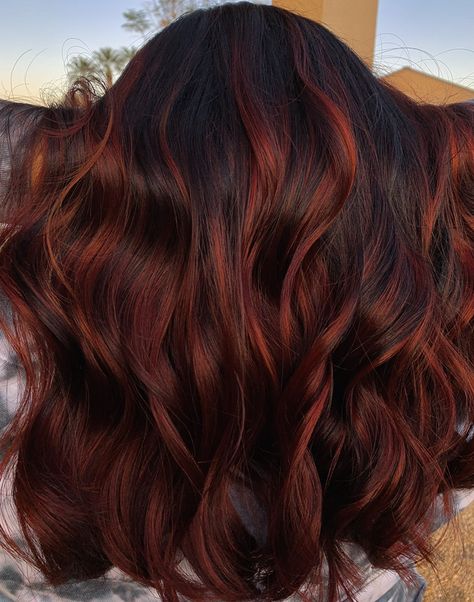 Auburn Black Balayage, Long Brown Hair Red Highlights, Copper Red Hair Color Balayage Dark Brown, Dark Roots Red Highlights, Dark Auburn Hair With Red Highlights, Red Biolage Hair Brown Balayage, Brown Red Hair Color Balayage, Dark Hair With Tan Skin, Red Toned Balayage