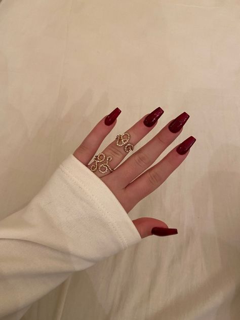 Cherry Red Coffin Acrylic Nails, Nails For Dark Red Dress, Dark Red Nails Medium Length, Dark Red Jelly Nails Acrylic, Dark Red Ballerina Nails, Square Dark Red Nails, Dark Red Nails Coffin, Dark Red Prom Nails, Ballerina Nails Red