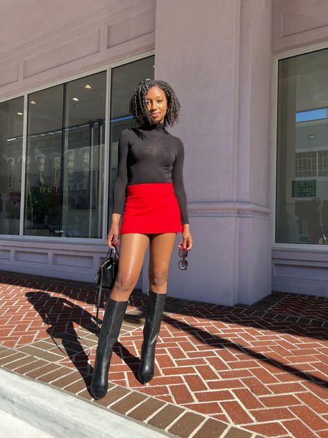 Shoes With Pants, Red Mini Skirt Outfit, Red Turtleneck Outfit, Shoe Names, Red Skirt Outfits, Red Leather Skirt, Girls Winter Fashion, Black Turtle Neck, Turtleneck Outfit