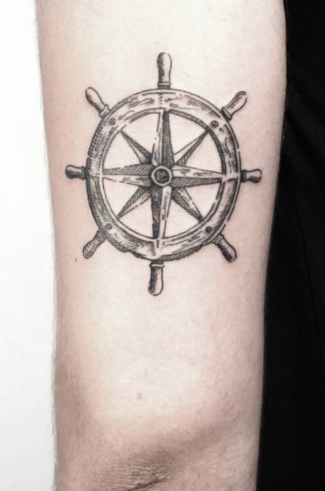 Pirate Compass Tattoo, Helm Tattoo, Ship Wheel Tattoo, Pirate Compass, Skull Butterfly Tattoo, Compass Tattoo Men, Ship Helm, Sailboat Tattoo, Wheel Tattoo