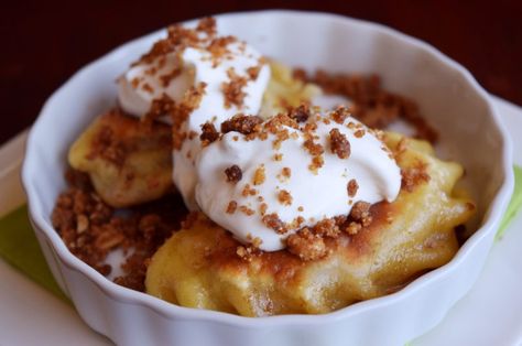 Dutch Apple Pierogi with Streusel Crumb Garnish Pierogi Recipes, Pierogi Dough, Polish Recipe, Make Sour Cream, Pierogi Recipe, Dutch Apple, How To Make Dough, Bun In The Oven, Food Garnishes