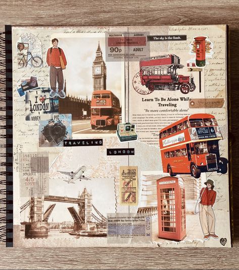 London Journal Travel Scrapbook, Scrapbook Ideas London, London Travel Journal Ideas, London Journal Ideas, London Travel Journal, Retro Scrapbook Ideas, London Scrapbook Ideas, Vintage Travel Aesthetic, Vintage Travel Journal