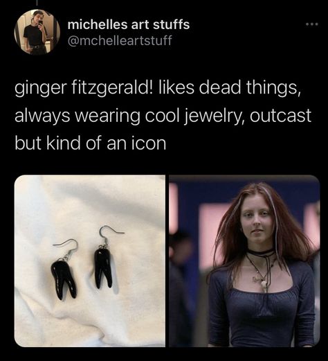 Ginger Fitzgerald Aesthetic, Ginger Fitzgerald Outfit, Ginger Fitzgerald, Teeth Earrings, Black Teeth, Ginger Snaps Jewelry, Character Wardrobe, Teen Witch, Black Earrings Dangle