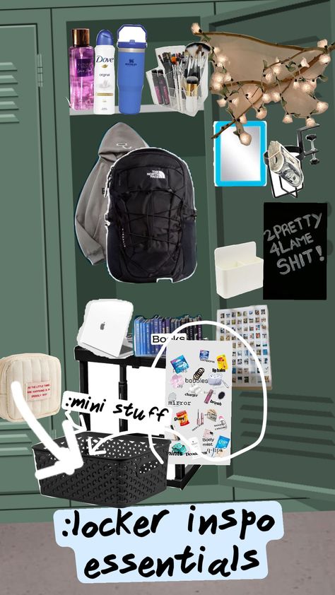 #locker#inspo#essentials Things To Keep In Locker, Locker Essentials, Babysitting Kit, Middle School Lockers, Locker Ideas, Locker Organization, Locker Decorations, Purse Essentials, School Lockers