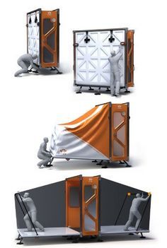 Housing the Displaced CMAX | an emergency shelter that combines advantages of tents with those of trailers. It ships and stores flat like a tent, and two people can set one up in 11 minutes. Emergency Shelters, Emergency House, Shelter House, Temporary Shelter, Portable Shelter, Temporary Housing, Shelter Design, Tent Awning, Emergency Shelter