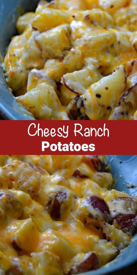 Jul 27, 2023 - Cheesy Ranch Potatoes Recipe - these are my favorite potato recipe ever! You only need 3 ingredients & everyone who eats it RAVES about how delicious it is! Easy And Cheesy Ranch Baked Potatoes, Ranch Red Potato Recipes, Ranch Potato Casserole Recipes, Potato Ranch Recipes, Baked Cheesy Potatoes Easy, Ranch Potatoes Casserole, Easy Cheesy Ranch Potatoes, Bacon Cheddar Ranch Potatoes, Cheesy Yellow Potatoes