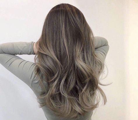 Brown Hair W Subtle Highlights, Korean Blonde Balayage, Mushroom Beige Balayage, Dark Ash Mushroom Brown Hair, Cool Beige Balayage, Hair Color Ideas For Brunettes Asian, Ash Brown Balayage Light, Partial Balayage Ash Brown, Mushroom Brown Baylage Hair