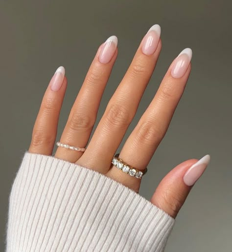 French with pearl white tips Permanent White Tip Nails, Classic White French Nails, Gel Extensions French Tip, Simple White Tip Nails, Almond French With Pearls, French Tips Dip Powder, Engagement Nails French, Round Nails French Tip, French Tip Nails Round