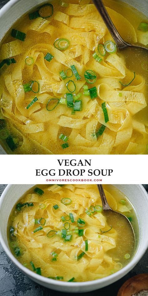 Vegan egg drop soup is made with plant-based ingredients and preserves all the character of the original version. The tender yuba sheets mimic the egg ribbons, and swim in a gingery savory soup that has a lovely bright yellow color. It’s a dish that takes no time to put together and is a comforting addition to the dinner table. {Vegan, Gluten-Free} Vegan Just Egg Recipes, Vegan Chinese Soup, Vegan International Recipes, Vegan Egg Drop Soup, Vegan Asian Soup, Yuba Recipe, Vegan Chinese Recipes, Vegan Chinese Food, Vegan Chinese