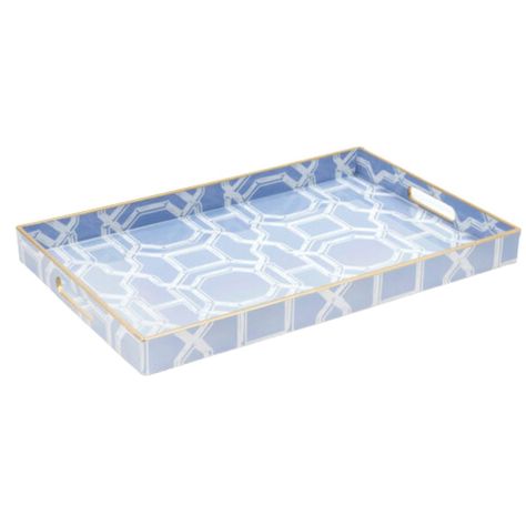 Serving it up in style, fashionable meets function with our square resin tray. In the house or outside on the deck, this blue bamboo trellis print tray with functional side handles is perfect for transporting the cold lemonade and bite size treats from the kitchen to the pool. The versatility of the classic blue design and color allow you to Use as a statement decor piece in your kitchen or living area when you are not the party hostess. 15.5" x 10.25" x 1.25" Resin Light Blue Kitchen Decor, Light Blue Room Decor, Hosting Events, Bamboo Trellis, Statement Decor, Butlers Pantry, Plastic Tray, Post Grad, Coffee Table Tray