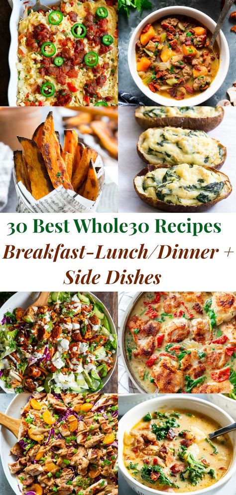 30 Best Whole30 Recipes {Breakfast, Lunch/Dinner, Sides} |These 30 Whole30 Recipes are tried and true favorites that will make everyone in the family happy.  With soups, casseroles, meatloaf, salads, baked fries, egg free breakfasts,  fried “rice” and more, there’s a delicious selection here to sample. Whether you’re doing the Whole30 or just need heathy meal ideas, you’re sure to find new favorites in this recipe roundup! #paleo #whole30 #cleaneating Whole30 Recipes Breakfast, Egg Free Breakfast, Whole30 Meal Prep, Whole 30 Lunch, Whole30 Dinner Recipes, Whole 30 Meal Plan, Whole30 Dinners, Recipes Lunch, Whole 30 Breakfast