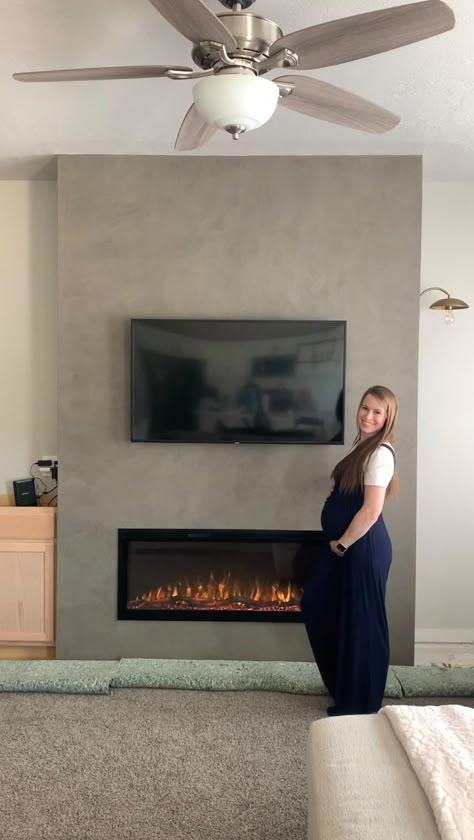 Fireplace Progress REVEAL 🎉 and we’ve been keeping a secret…baby number 3 is almost here! #ad We are absolutely thrilled with how this… | Instagram Fireplace Built In With Bench, Wood Bench Fireplace, Diy Drywall Fireplace, Roman Clay Fireplace Wall, Electric Fireplace Cabinet Ideas, Drywall Electric Fireplace, Diy Roman Clay Fireplace, Textured Fireplace Wall, Surround For Electric Fireplace