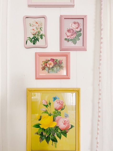 used picture frames makeover. DIY projects reusing thrift store vintage frames in a fun and creative way. This upcycle takes dated wall art and makes it fresh by painting it a rainbow. Painted Vintage Picture Frames, Frame Upcycle Diy, Thrift Art Makeover, Upcycled Picture Frames Ideas, Diy Frame Painting, Painting Photo Frames, Upcycle Picture Frames Ideas, Thrifted Picture Frames, Painted Photo Frames Diy