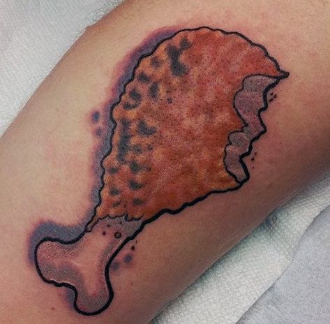 10 Tastiest Chicken and Waffle Tattoos - Tattoo.com Chicken Wing Tattoo, Food Tattoo, Tattoo Mens, Chicken Tattoo, Pug Tattoo, Homemade Tattoos, Mini Dessert Cups, Food Tattoos, Wing Tattoo Designs