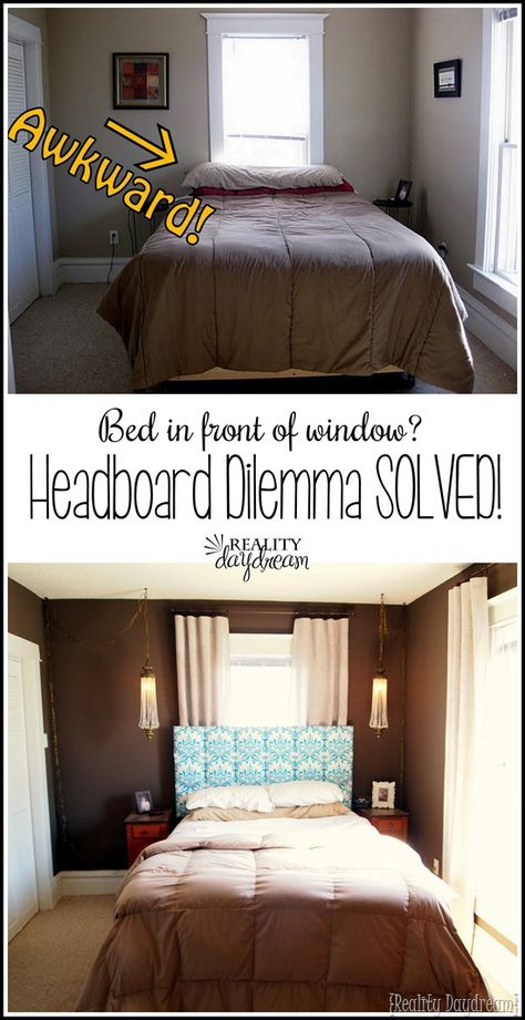 SUCH a smart fix to that epic problem of having a headboard in front of a window! {Reality Daydream} Headboard Over Window, Bed In Front Of Windows, Window Headboard, Headboard Tutorial, Diy Home Decor For Apartments, Diy Headboard Upholstered, Couch Upholstery, Diy Headboard, Upholstered Headboard