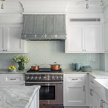 White Cabinets Black Hardware, White Quartz Counters, Kitchen Backsplash Tile Designs, Coral House, Glass Backsplash Kitchen, Best Kitchen Layout, Glass Kitchen Backsplash, Blue Kitchen Island, Backsplash Tile Design