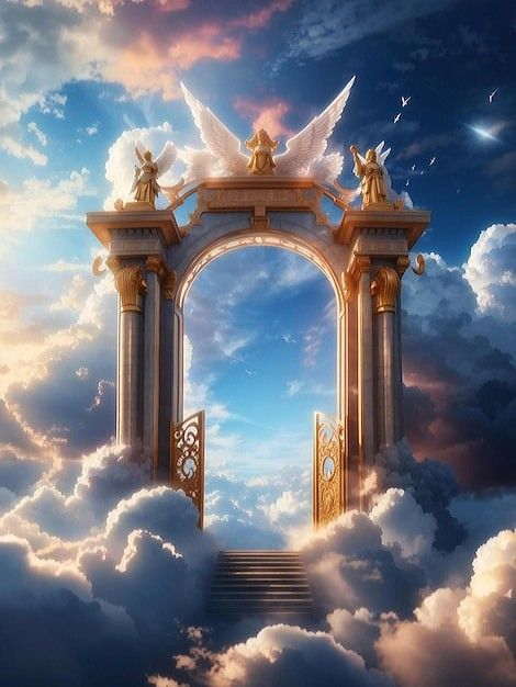 Gothic Column, Zeus Game, Heaven Gates, Angel Wings Images, Gateway To Heaven, Heaven Painting, Stairs To Heaven, Emotional Painting, Angel Wings Art