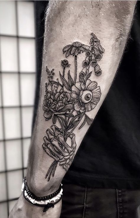 eye floral flower bouquet skeleton bones hand creepy Skeleton Peace Sign With Flowers Tattoo, Skull Inspired Tattoo, Skull With Plants Growing Out Of It Tattoo, Emo Floral Tattoo, Skeleton Watering Skeleton Tattoo, Floral Grim Reaper Tattoo, Skull Flower Bouquet Tattoo, Skeleton Hand Bouquet Tattoo, Flowers With Eyeballs Tattoo