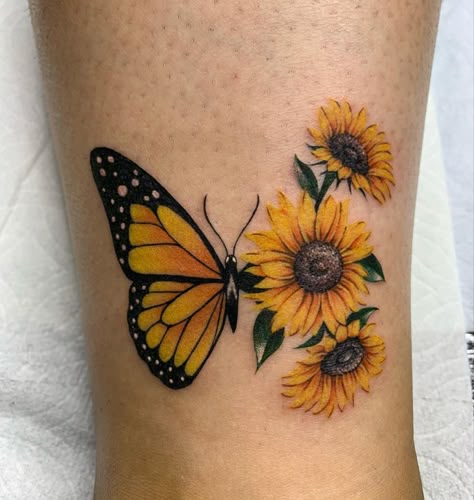 No Story Should End Too Soon Tattoo, Sunflower Tattoo With Butterflies, Different Type Of Butterfly Tattoo, Butterfly With Sunflowers Tattoo, Thigh Music Tattoos Women, Yellow Rose Tattoo Memorial Mom, Sunflower And Monarch Butterfly Tattoo, Sunflower On Shoulder Tattoo, Sunflower Tattoo With Color