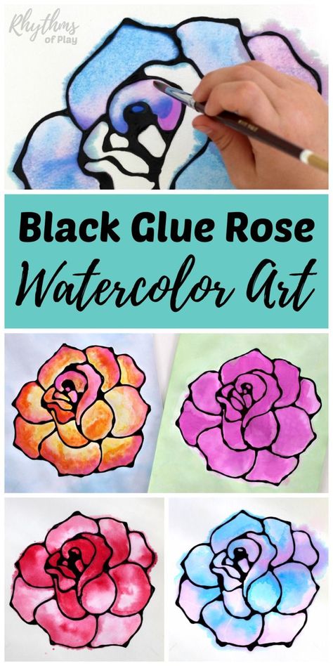 Black glue rose watercolor resist art project. A fun and easy spring and summer flower painting idea for kids, teens, and adults. The tutorial includes how to make black glue and basic beginning watercolor techniques to use for inspiration. Makes a simple and beautiful Mother's day gift idea! Resist Art, Watercolor Resist, Beginning Watercolor, Black Glue, Art Project For Kids, Glue Art, Easy Flower Painting, Art Projects For Teens, Rose Watercolor