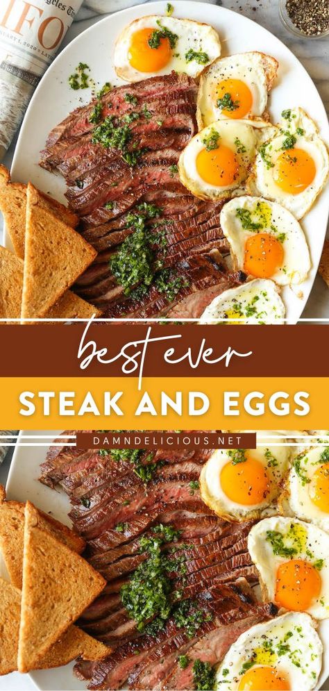 Easy Fancy Brunch Ideas, Flank Steak Breakfast, Fancy Foods Dinner, Manly Brunch Ideas, High End Breakfast Ideas, Steak Breakfast Tacos, Breakfast Steak Marinade, Breakfast With Steak, Easy Fancy Food