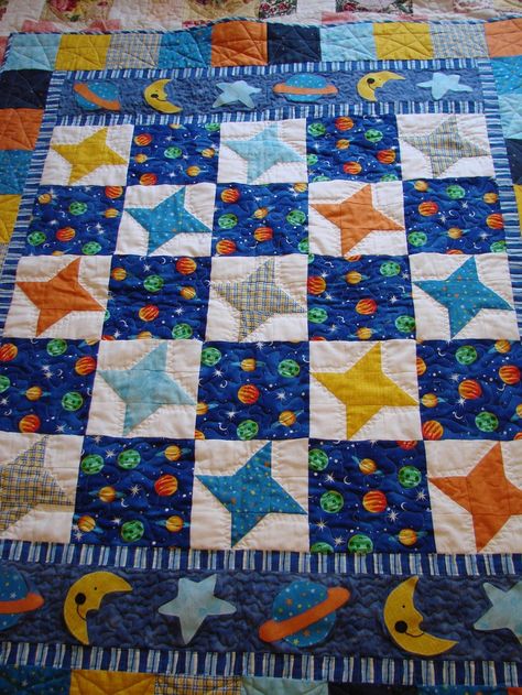 Space Baby Quilt, Outer Space Quilt, Space Quilt, Boys Quilt Patterns, Moon Quilt, Deck Balcony, Wood Railing, Space Fabric, Planets And Moons