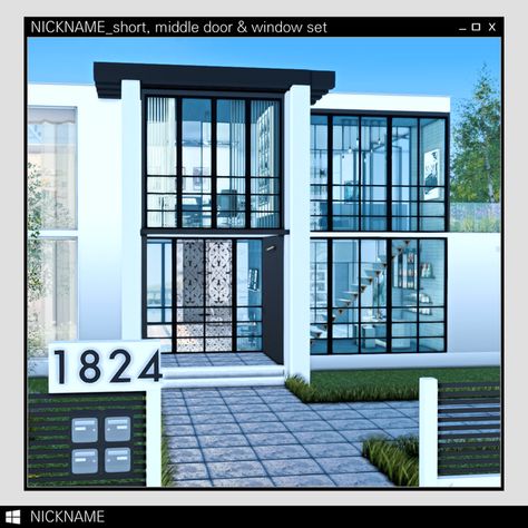 short, middle door & window set | give me a nickname on Patreon Sims 4 Cc Front Doors Modern, Give Me A Nickname, Modern Windows And Doors, Middle Door, Modern Window Design, Contemporary Windows, Normal House, Sims 4 Tsr, Play Sims 4