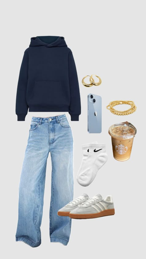 Colours That Go With Black Clothes, Cold School Fits, Cute Everyday Outfits Girly, Baggy Outfits Women, Outfit And Hair Ideas, Navy Hoodie Outfit, Comfy Sunday Outfit, Simple Outfit Aesthetic, Outfit Collage Aesthetic