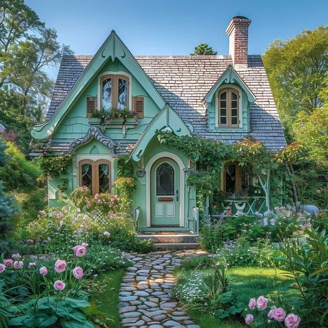 Cozy Cottage Home Exterior, Pastel Victorian House, Boho Cottage Exterior, Boho House Exterior, Boho Exterior, Leprechaun House, Fairy Cottage House, Colourful Cottage, Fairytale Houses