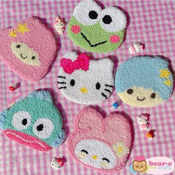 #sanrio #sanriocore #sanrioaesthetic #hellokitty #mymelody #kiki #lala #littletwinstars #hangyodon #keroppi #coasters #punchneedle #punchneedlecoaster Sanrio Punch Needle, Needle Punch Ideas, Punch Needle Aesthetic, Tufting Ideas, Punch Needling, Easy Punch, Coasters Diy, Kiki Lala, Crafty Hobbies