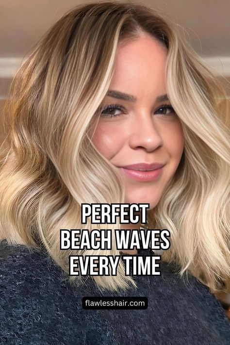 Beach Waves Using Heat Styling Tools Simple Waves Hairstyle, Lob With Beach Waves, How To Get Waves In Medium Length Hair, Beach Waves Using Curling Iron, Curls With Iron Flat, Beach Wave Blonde Hair, How To Create Beach Waves With Flat Iron, Beach Waves Using Flat Iron, Beach Waves Flat Iron Tutorials