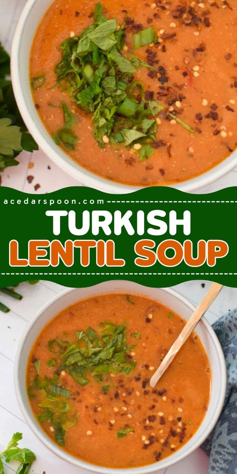 Turkish Lentil Soup is full of warm, rich spices with a hint of spice. This soup is healthy and perfect for a plant-based meal. Red lentils are simmered with red lentils, bulgur, vegetables, garlic, spices, diced tomatoes and lemon juice. If you are meal-prepping this is great soup for that and can be frozen for later. Fall Casserole Recipes For Dinner, Turkish Lentil Soup Recipe, Soups And Stews Crockpot, Recipes For Dinner Fall, Fall Casserole Recipes, Fall Casserole, Fall Soups And Stews, Dinners For Picky Eaters, Lebanese Lentil Soup