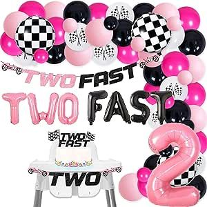 80Pcs Race Car Two Fast Party Decorations for Girls, Pink Racing Theme 2nd Birthday Party Decoration, Glitter Two Fast High Chair Banner Pink Black Balloons Garland Kit, for 2 Fast Birthday Party 2 Fast 2 Curious Birthday Girl, Two Fast Two Furious Birthday Girl, 2 Fast Birthday Party Girl, Growing Up Two Fast Birthday Girl, Two Fast Birthday Girl, 2 Fast Birthday Party, Two Fast Party, Racing Theme, Cars Theme Birthday Party