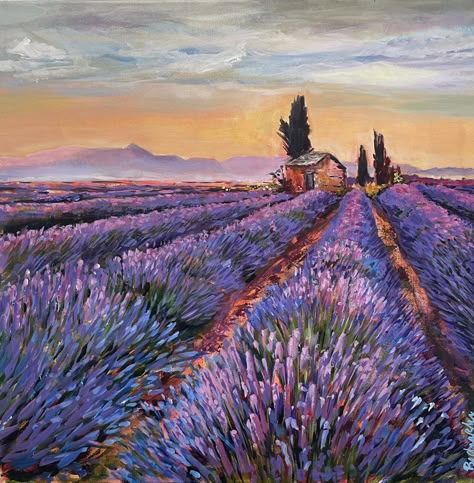 Lavender painting, original artwork, purples, lilac, sunset scene, bright paintings, bold and loose Painting Lavender Fields, Lavender Sunset, Painting Lavender, Lavender Paint, Field Paint, Purple Painting, Girl Drawing Sketches, Pastel Landscape, In My Dreams