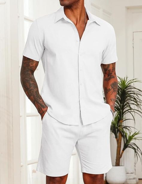 Amazon.com: COOFANDY Men's Cotton Linen Suits Casual Button-Down Beach Shirts Party Elastic Shorts Outfits Matching Swim Set White : Clothing, Shoes & Jewelry Solid Button-up Beach Tops, Summer Linen Short Sleeve Button-up Shirt, Linen Short Sleeve Button-up Shirt For Vacation, Solid Button-up Beach Shirt, Beach Linen Button-up Top, White Party Outfit, Suits Casual, Summer Beach Shorts, Outfits Matching