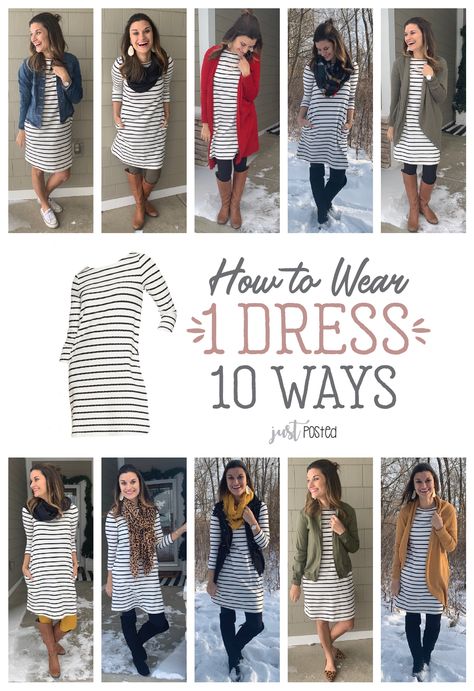 How to wear 1 striped dress 10 different ways! This black and white striped dress can be worn & styled so many ways. This dress is easy to wear all year long for each season and perfect for a capsule wardrobe. This is easy to dress up or down, for a wear to work outfit or for a teacher outfit! Striped Dress Outfit, Mode Ab 50, Teaching Outfits, Winter Dress Outfits, Legging Outfits, Teacher Outfit, Long Sleeve Knit Dress, Clothing Hacks, White Striped Dress