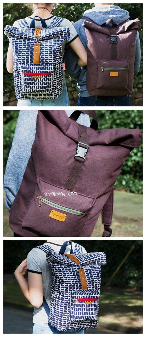 The Roxanne Rolltop Backpack is an awesome backpack that was created for men, women and children. It's a unisex bag that is specially designed for students and travellers. The pocket space is so big and organised that you can easily pack the bag with all Backpack Pattern Sewing, Backpack Sewing, Rolltop Backpack, Diy Backpack, Modern Bag, Backpack Pattern, Mode Casual, Roll Top, School Essentials