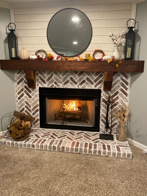 Mantle Decor Red Brick Fireplace, Fireplace Decor Red Brick, Brick Fireplace Herringbone, Herringbone Brick Fireplace Surround, Chevron Brick Fireplace, Herringbone Brick Hearth, Red Brick And Shiplap Fireplace, Fireplace With Vents In Brick, Brick Fireplace No Hearth