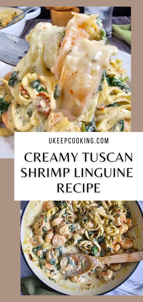 Indulge in a taste of Italy with our Creamy Tuscan Shrimp Linguine recipe! Succulent shrimp bathed in a creamy garlic Parmesan sauce, tossed with tender linguine and sun-dried tomatoes. Perfect for a cozy dinner at home or impressing guests with restaurant-quality flavors. Chemo Recipes, Creamy Tuscan Shrimp, Pasta Mama, Shrimp Linguine Recipe, Shrimp Meals, Chicken Linguine, Tuscan Shrimp, Creamy Garlic Parmesan Sauce, Best Shrimp Recipes