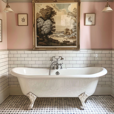 Soft pink bathroom with claw foot tub. Mauve Pink Bathroom, Soft Pink Bathroom, Pink Bathtub, Pink Tub, Clawfoot Tubs, Apartment Needs, Victorian Bathroom, Pink Bathroom, Vintage Pink