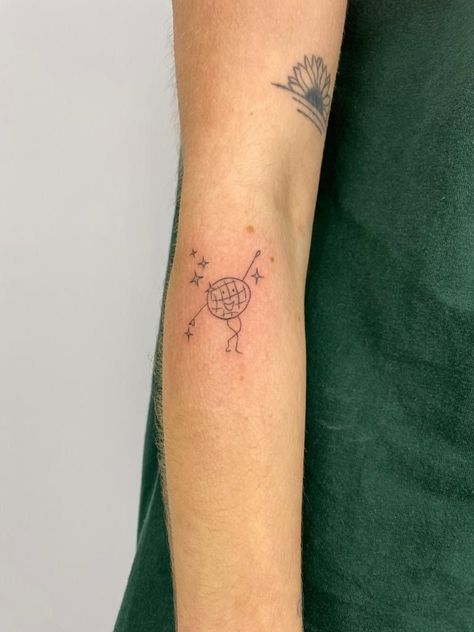 Dainty Disco Ball Tattoo, Dancing Disco Ball Tattoo, Glitterball Tattoo, Disco Tattoo Ideas, Tiny Disco Ball Tattoo, Disco Ball Tattoo Simple, Disco Tattoos, Dancing Queen Tattoo, Disco Tattoo