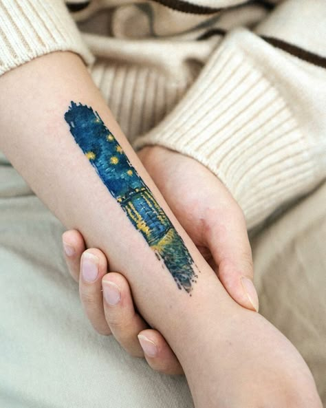 Tattoo Ideas Painting, Painting Like Tattoo, Color In Tattoos, Thinking Of Inking, Fine Art Inspired Tattoo, Paint Style Tattoo, Tattoo Art Painting, Paint Swatch Tattoo, Starry Night Tattoo Ideas