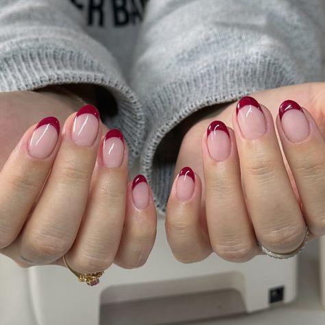 dark red french😍 structured mani on natural nails!! #nails #nailsnailsnails #buildergel #structuredmani #nailtech #nailart #trendynails #utahnails #naildesign #clt #cltnails #concordnails #concord #kannapolis #kannapolisnails #naturalnails Red Nails With Green Tips, Red Tips Short Nails, Solid And French Tip Nails, Pink And Red Tip Nails, French Tip Nails Dark Red, Short Red Tip Nails, Dark Red Tip Nails, Dark Red Nails French Tip, Red Tip Acrylic Nails