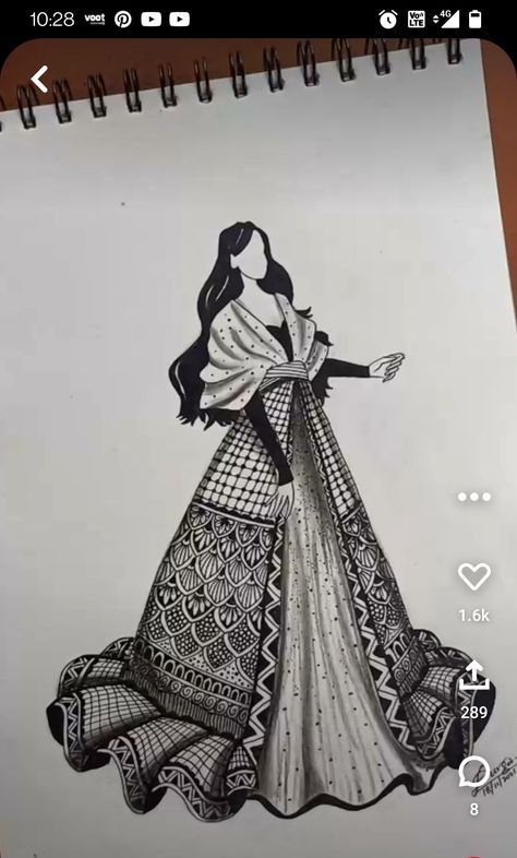 Indian Fashion Design Sketches, Mandala Art Dress, Drawing White On Black, Doodle 101, Fashion Studies, Basic Art Techniques, Mandala Arts, Zentangle Mandala, Small Sketchbook