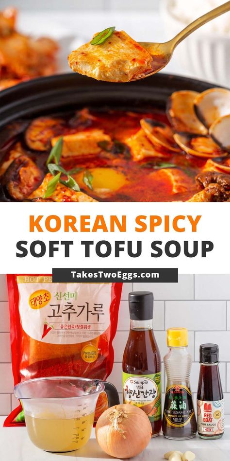 Spicy Korean Soup, Korean Tofu Recipes, Soft Tofu Soup, Korean Tofu Soup, Sundubu Jjigae, Soondubu Jjigae, Tofu Miso Soup, Silken Tofu Recipes, Korean Tofu