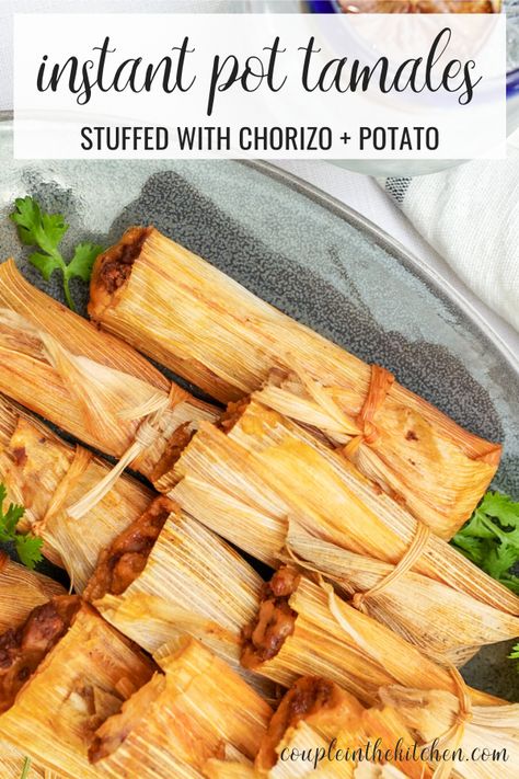 Instant Pot Tamales are made in half the time! This tamale recipe features chorizo and potato. Chorizo Tamales Recipe, Tamales Recipe Instant Pot, Breakfast Tamales Recipe, Tamales Flavors, Chorizo Tamales, Tamales Instant Pot, Breakfast Tamales, Potato Tamales, Instant Pot Tamales