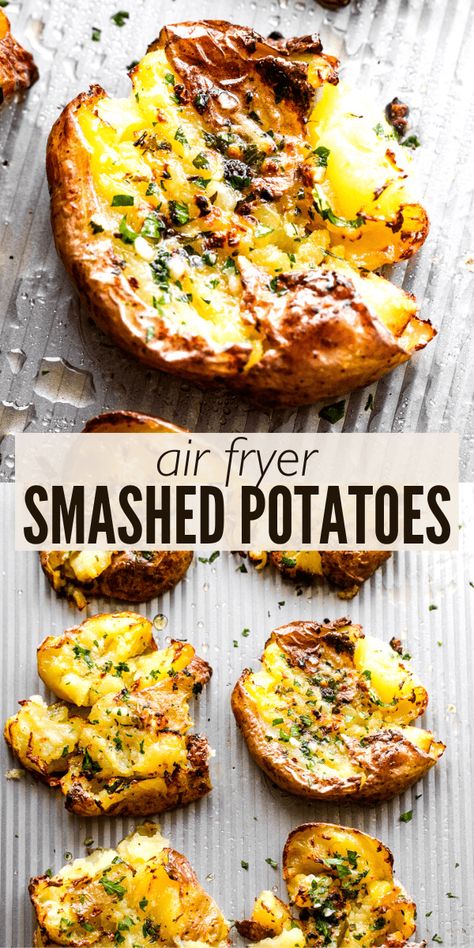 Hot and Crispy Smashed Potatoes in the Air Fryer are easy to make and ultra cozy. Drizzled with homemade garlic butter, they're basically the perfect side dish for any occasion! Art Fryer Recipes, Air Fryer Dorm Recipes, Air Fryer Smashed Potatoes, Potatoes In The Air Fryer, Potatoes Crispy, New Air Fryer Recipes, Air Fryer Recipes Snacks, Smashed Potatoes Recipe, Homemade Garlic Butter