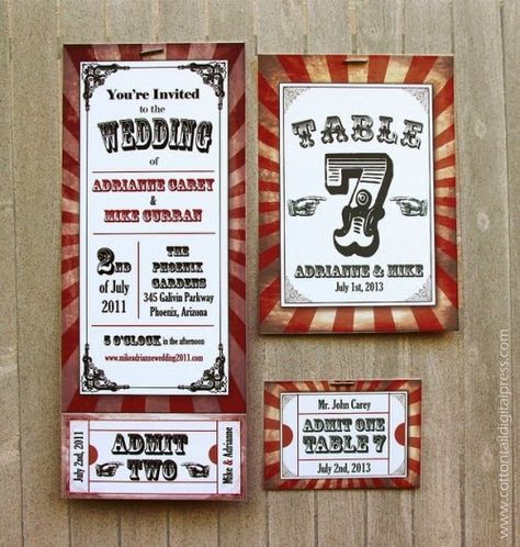 Una boda de Circo Cinema Themed Wedding, Movie Ticket Wedding Invitations, Carnival Wedding Theme, Circus Ticket, Carnival Tickets, Circus Vintage, Ticket Wedding Invitations, Vintage Wedding Stationery, Carnival Invitations